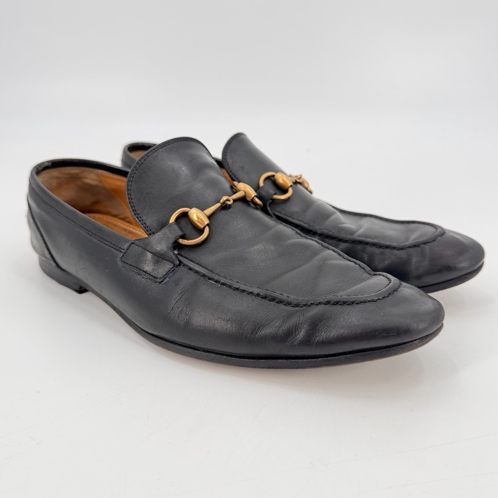 GUCCI Black Leather Horsebit Classic Mens 9 Dress Shoes Loafers FLAWS - Picture 1 of 14